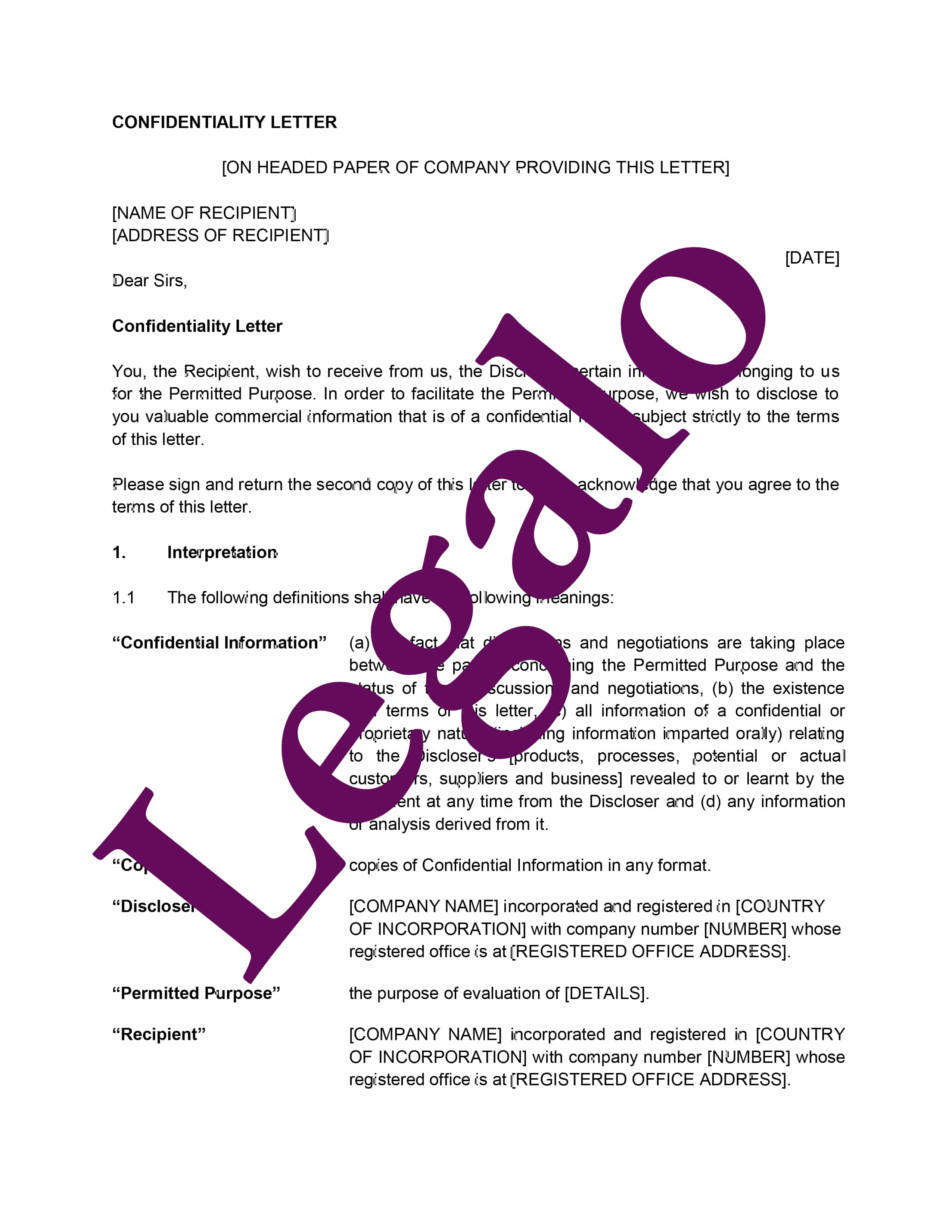 Confidentiality Letter Template Legalo U K 