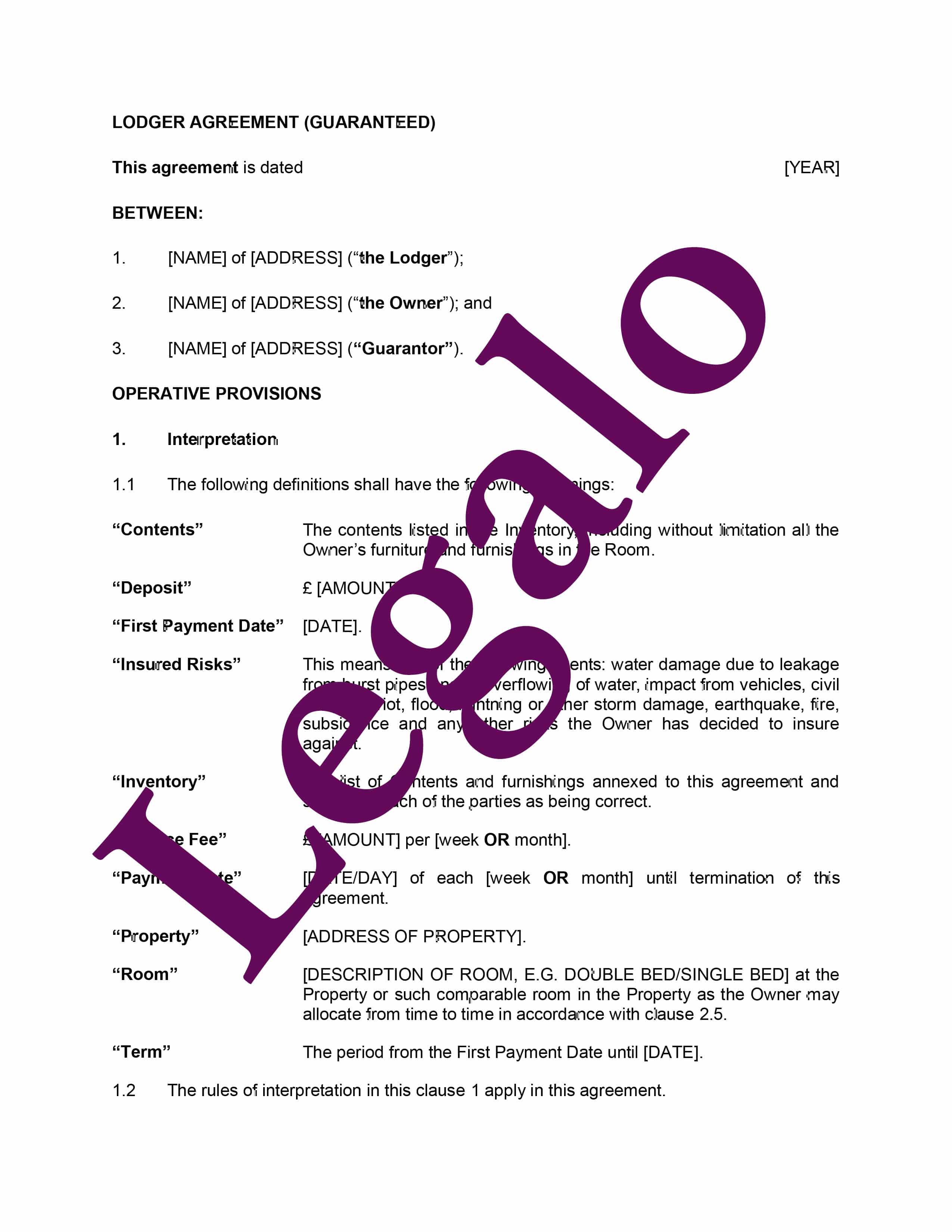 Lodger Licence Agreement Template PDF Template
