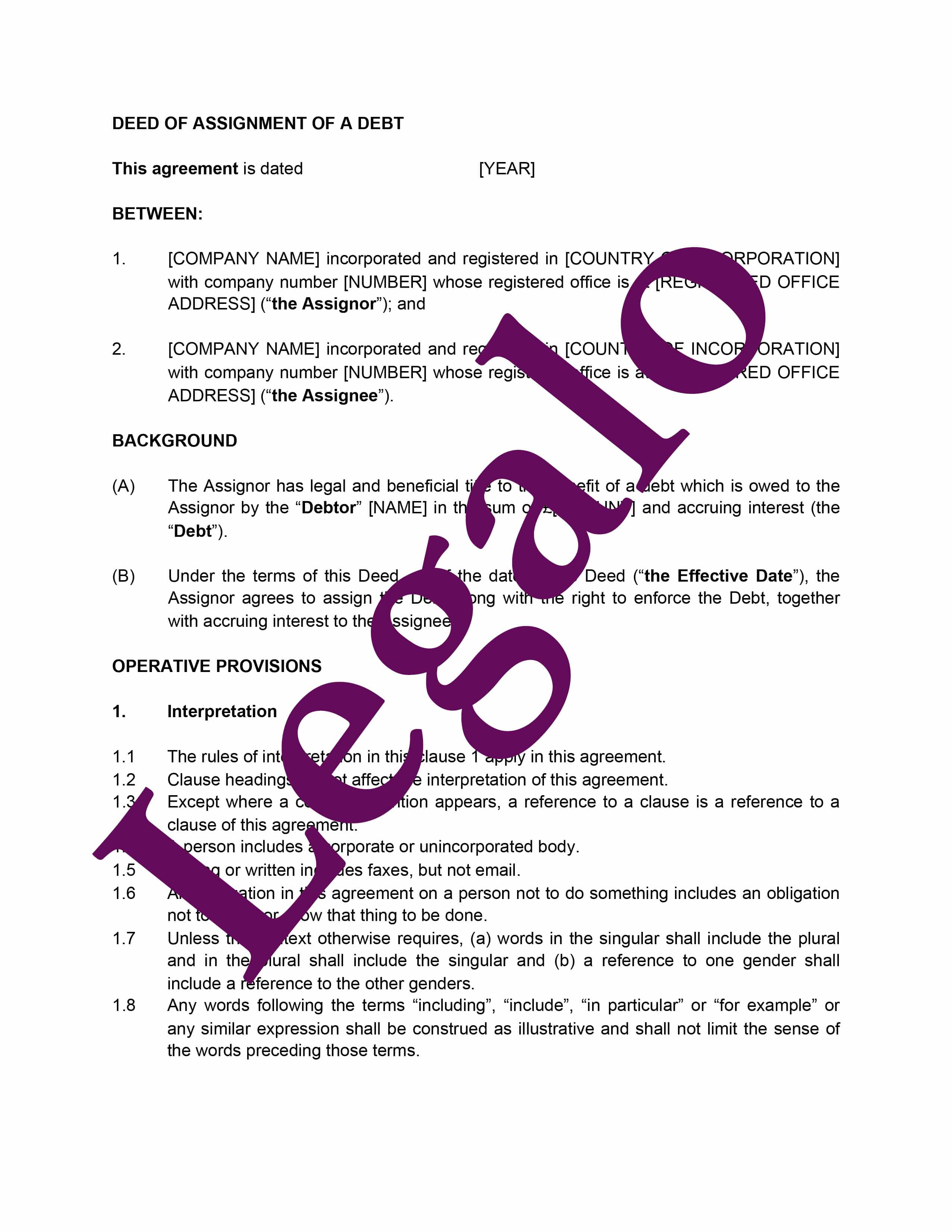deed of assignment of debt template